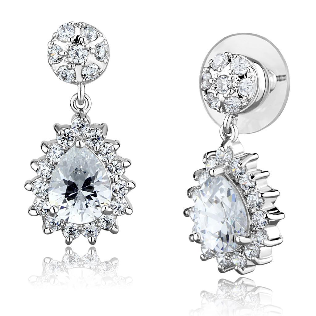 JCE1292 Rhodium Brass Earrings with AAA Grade CZ  in Clear