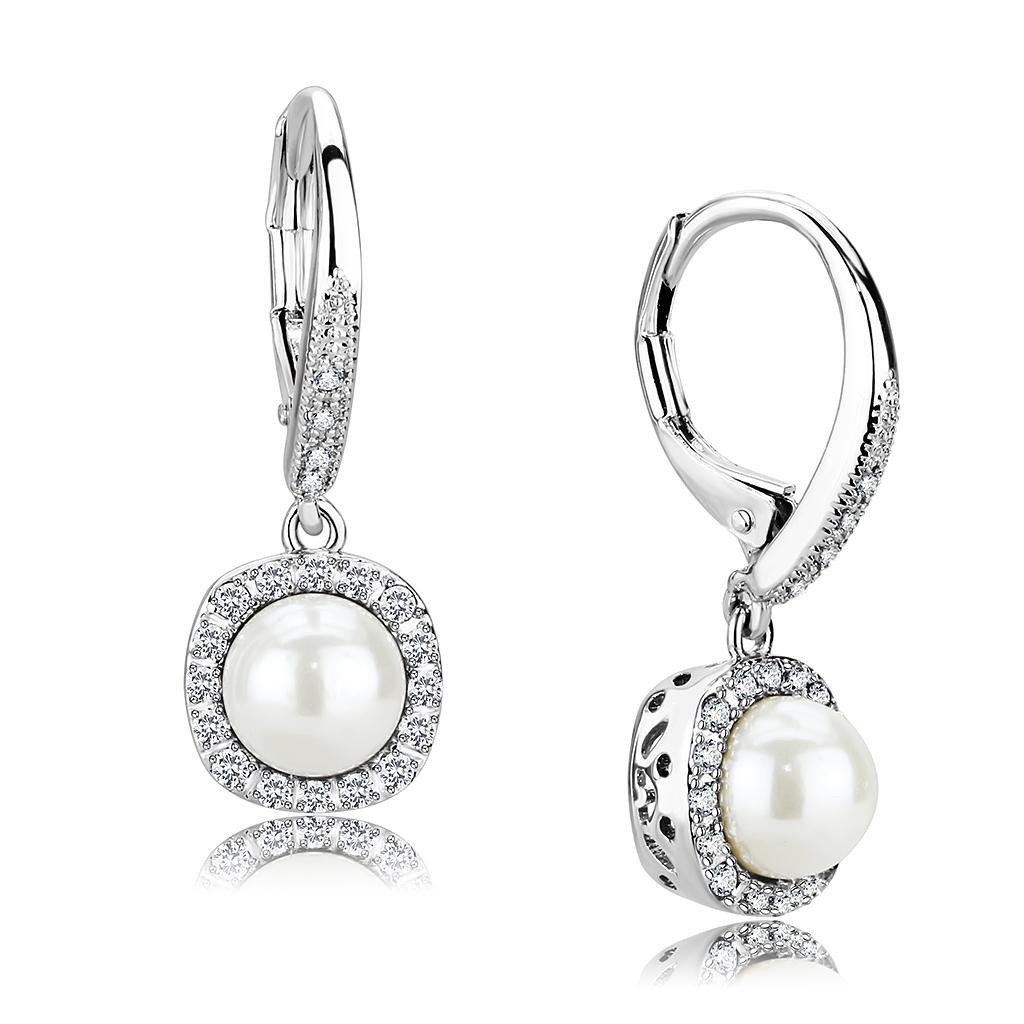JCE1479 Rhodium Brass Earrings with Synthetic Pearl in White