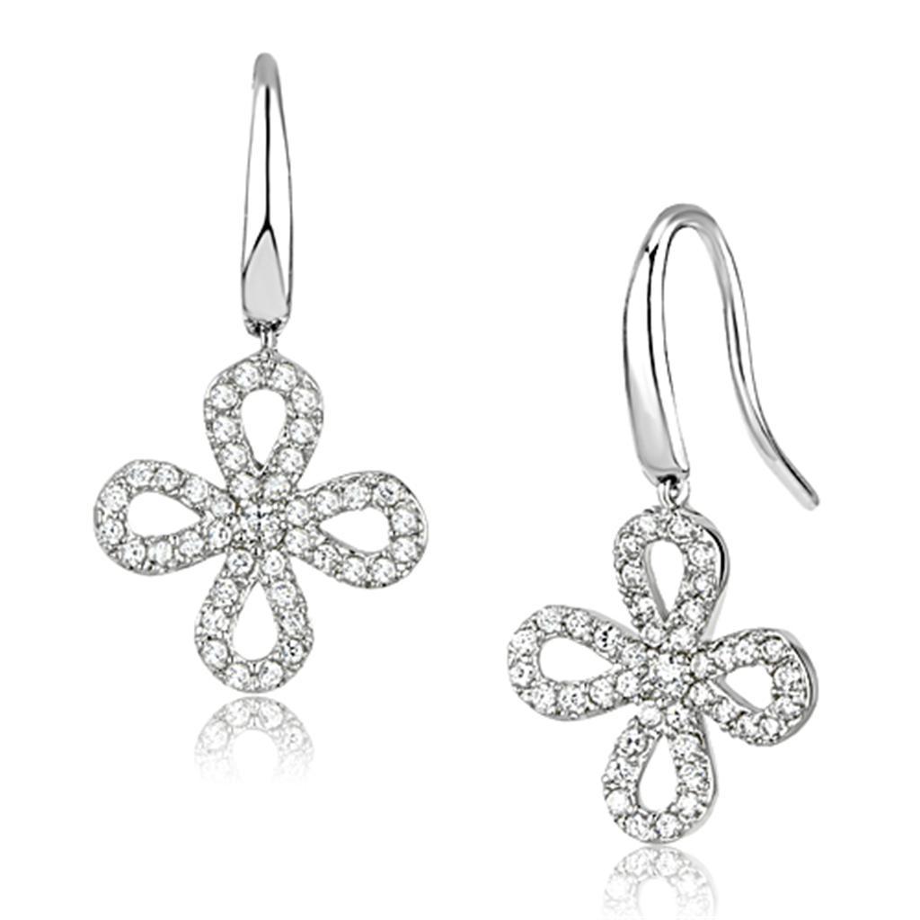 JCE382 Rhodium Brass Earrings with AAA Grade CZ  in Clear
