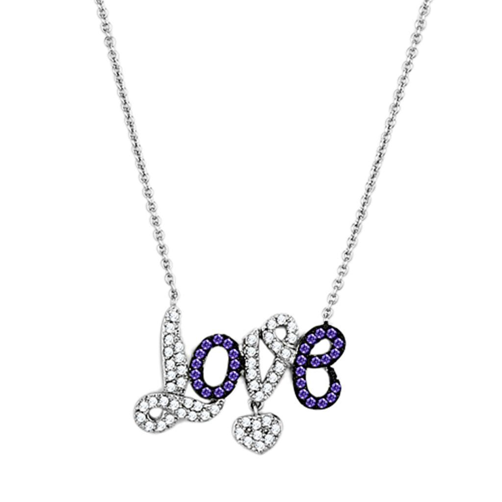 JCE414 Rhodium + Ruthenium Brass Necklace with AAA Grade CZ  in Amethyst