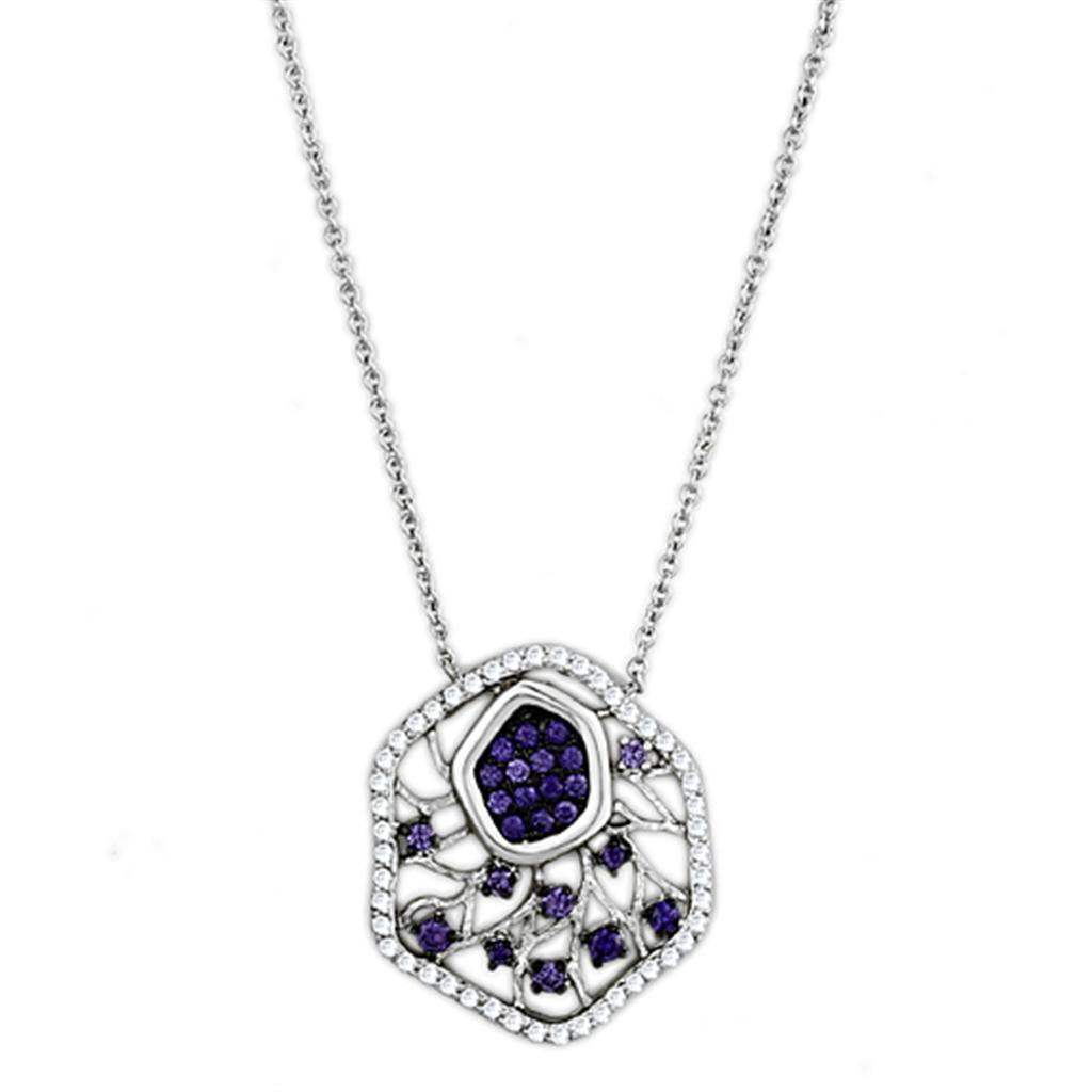JCE438 Rhodium + Ruthenium Brass Necklace with AAA Grade CZ  in Amethyst