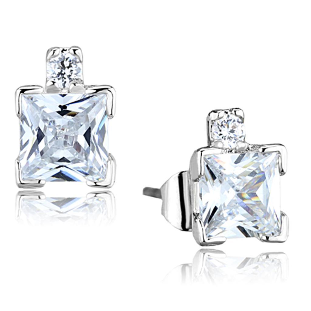 JCE652 Rhodium Brass Earrings with AAA Grade CZ  in Clear