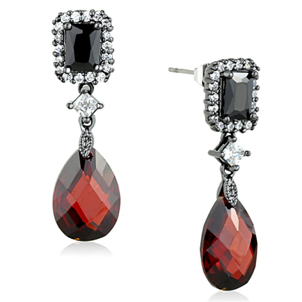 JCE704 Ruthenium Brass Earrings with AAA Grade CZ  in Garnet