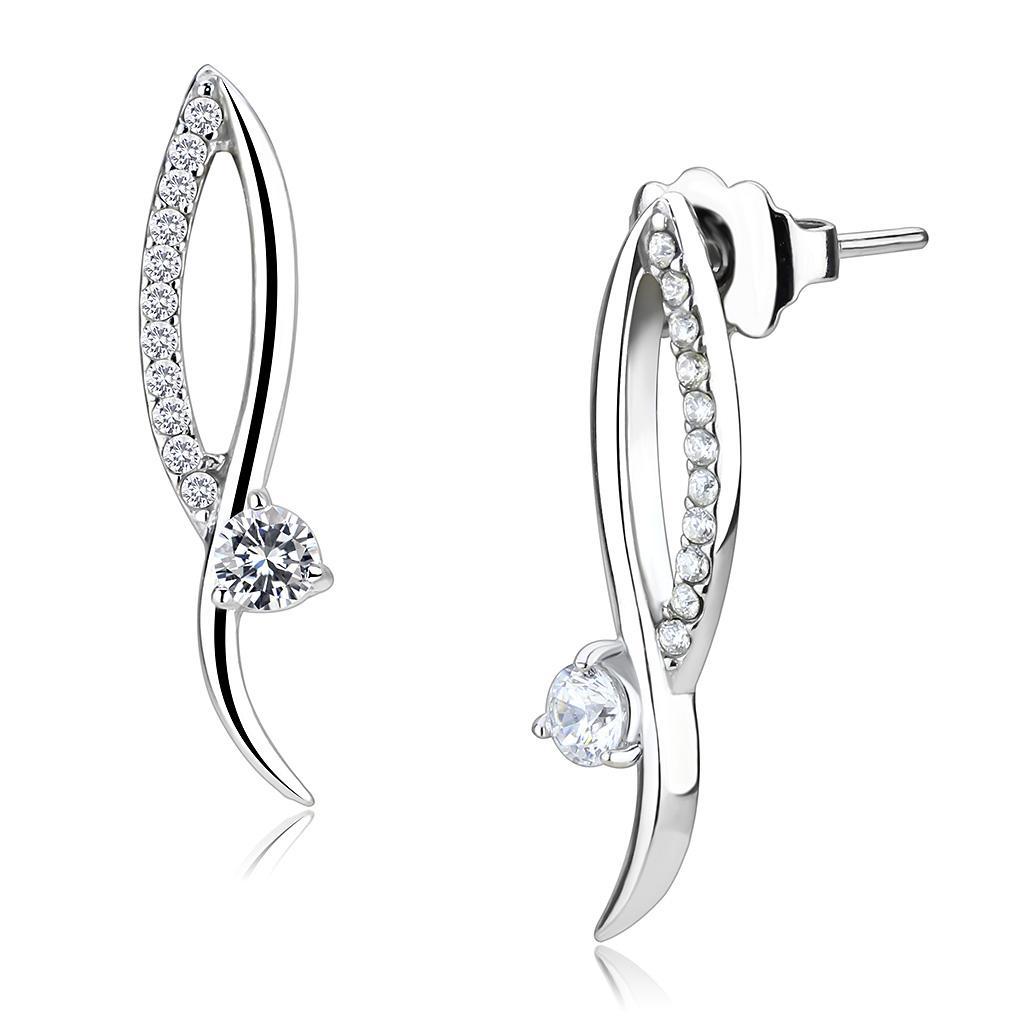 JCE080 High polished (no plating) Stainless Steel Earrings with AAA Grade CZ  in Clear