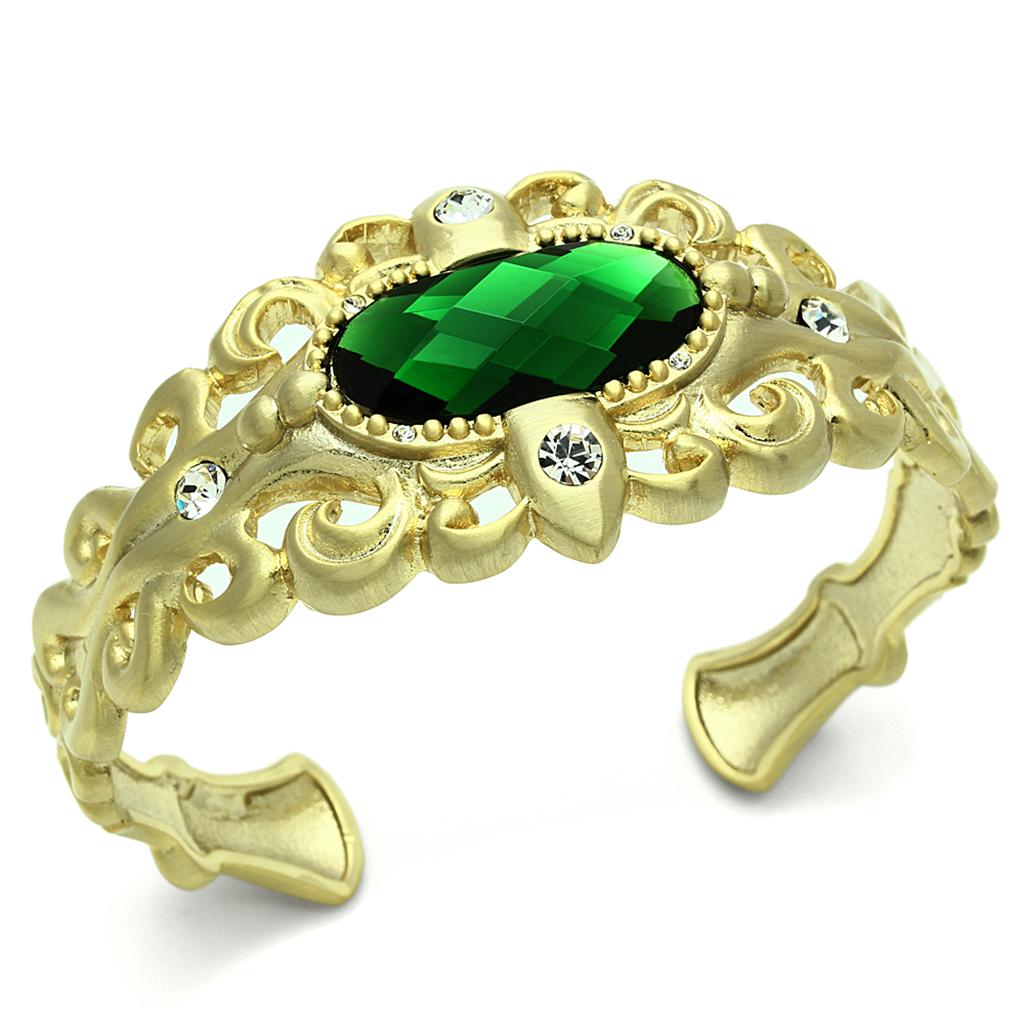 JCE3666 Gold & Brush Brass Bangle with Synthetic Synthetic Glass in Emerald