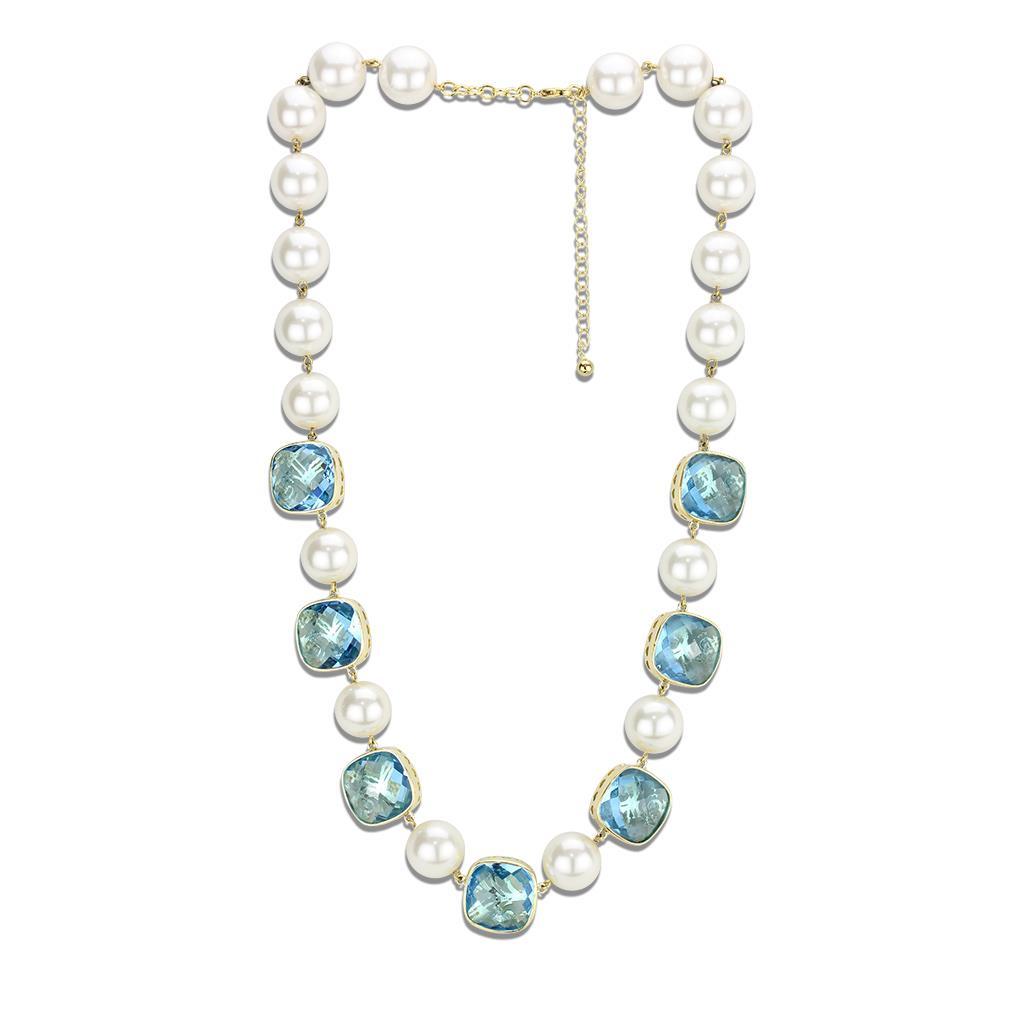 JCE4706 Gold Brass Necklace with Synthetic Synthetic Glass in Sea Blue