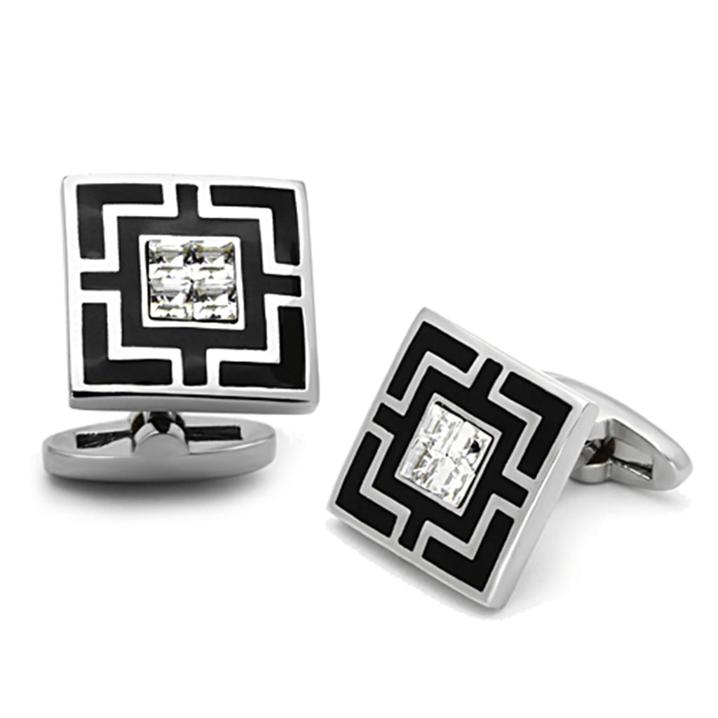 JCE1267 High polished (no plating) Stainless Steel Cufflink with Top Grade Crystal  in Clear