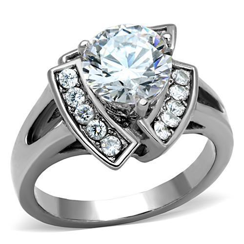 JCE1528 High polished (no plating) Stainless Steel Ring with AAA Grade CZ  in Clear