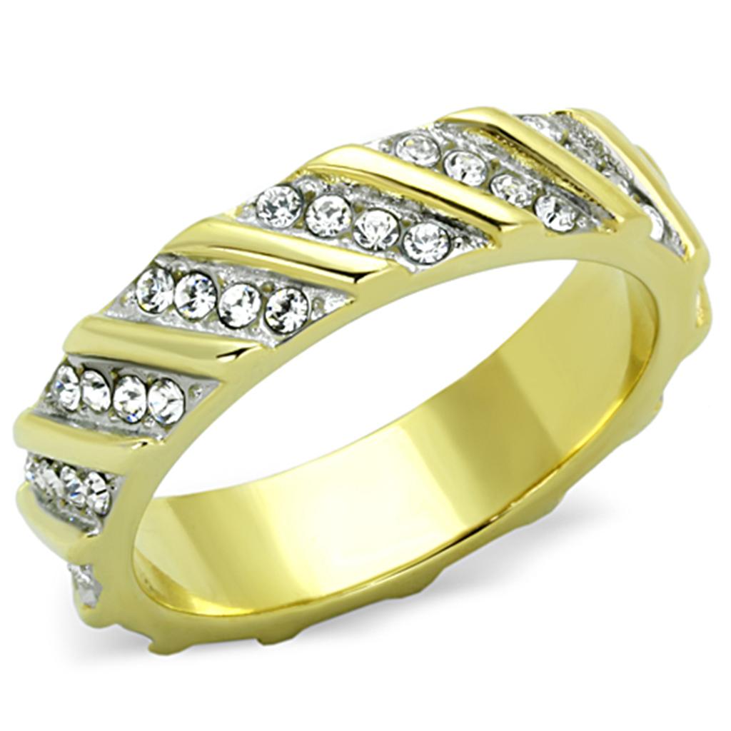 JCE1557 Two-Tone IP Gold (Ion Plating) Stainless Steel Ring with Top Grade Crystal  in Clear