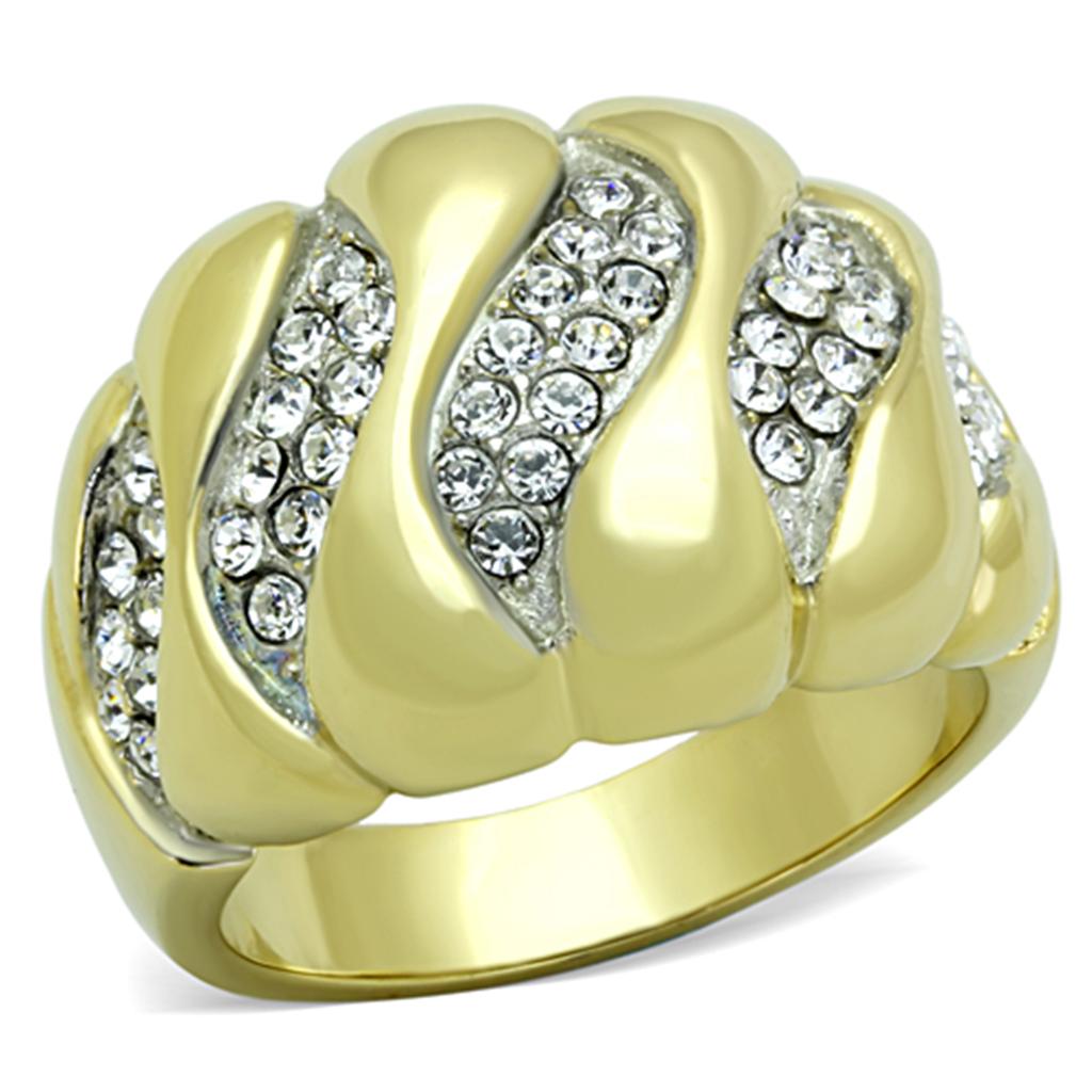 JCE1559 Two-Tone IP Gold (Ion Plating) Stainless Steel Ring with Top Grade Crystal  in Clear