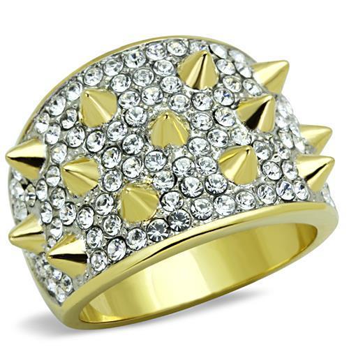 JCE1697 Two-Tone IP Gold (Ion Plating) Stainless Steel Ring with Top Grade Crystal  in Clear