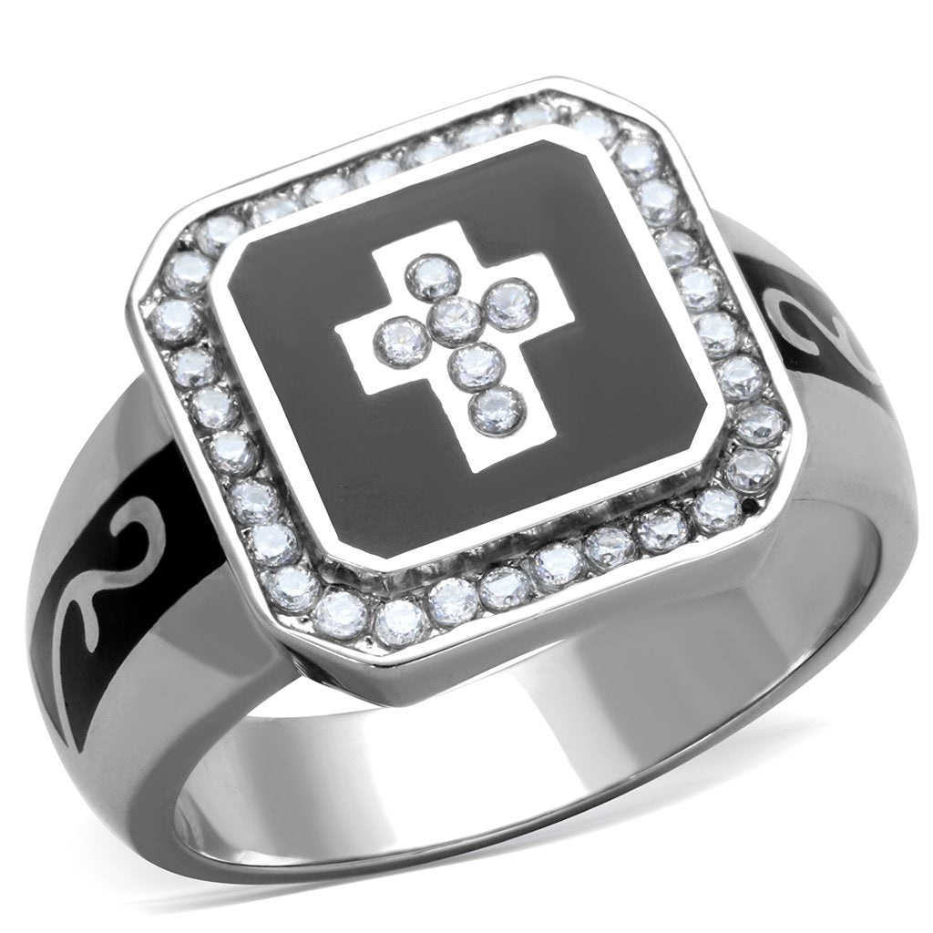 JCE1766 High polished (no plating) Stainless Steel Ring with AAA Grade CZ  in Clear