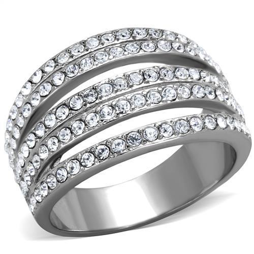 JCE2029 High polished (no plating) Stainless Steel Ring with Top Grade Crystal  in Clear