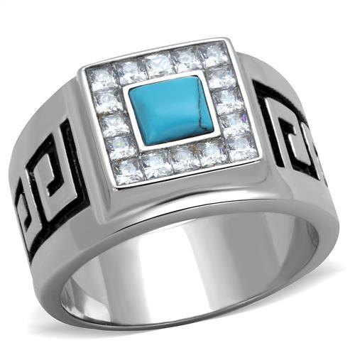 JCE2053 High polished (no plating) Stainless Steel Ring with Synthetic Turquoise in Sea Blue