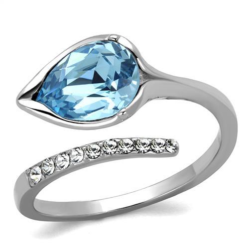 JCE2174 High polished (no plating) Stainless Steel Ring with Top Grade Crystal  in Sea Blue
