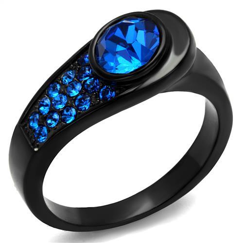 JCE2279 IP Black(Ion Plating) Stainless Steel Ring with Top Grade Crystal  in Capri Blue