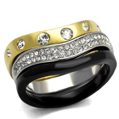 JCE2299 IP Gold+ IP Black (Ion Plating) Stainless Steel Ring with Top Grade Crystal  in Clear