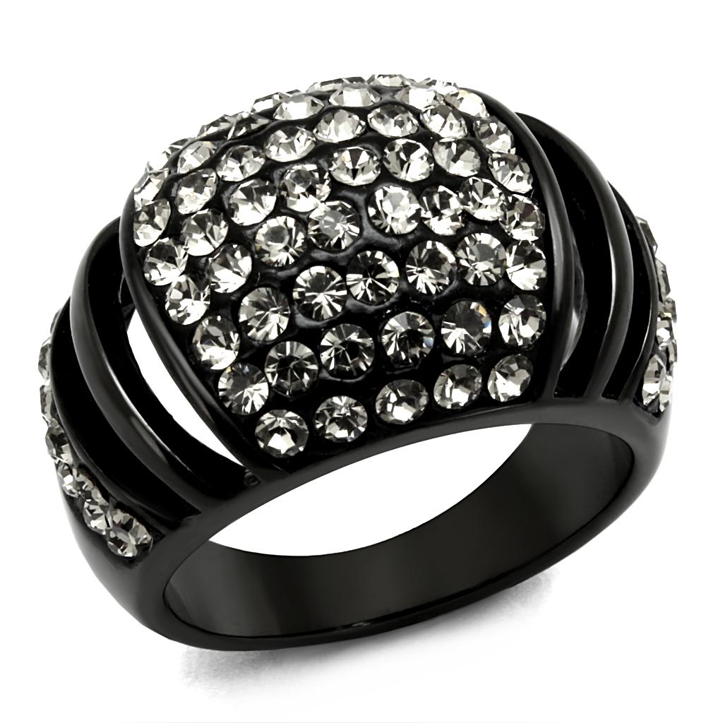 JCE2643 IP Black(Ion Plating) Stainless Steel Ring with Top Grade Crystal  in Hematite