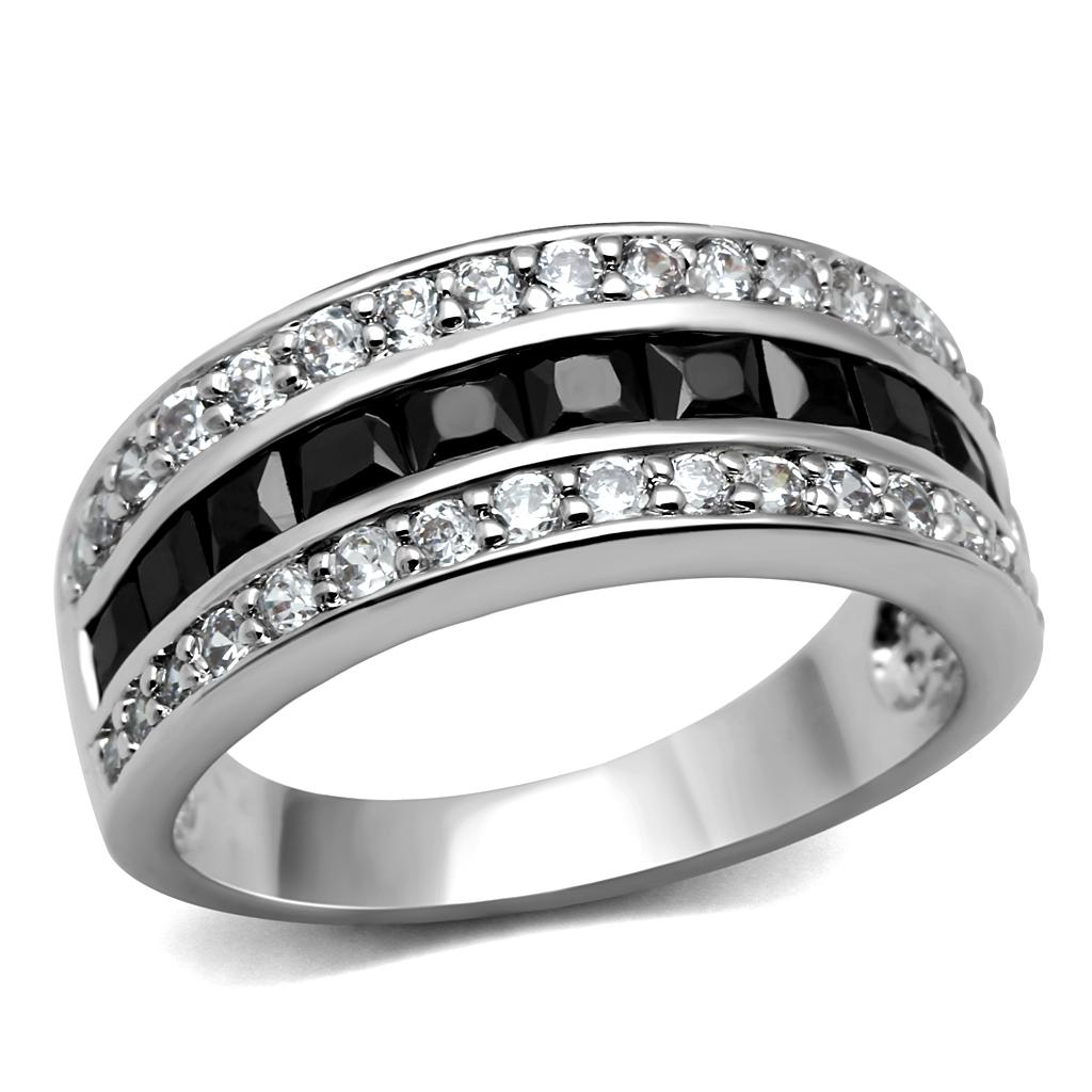JCE2872 High polished (no plating) Stainless Steel Ring with AAA Grade CZ  in Black Diamond