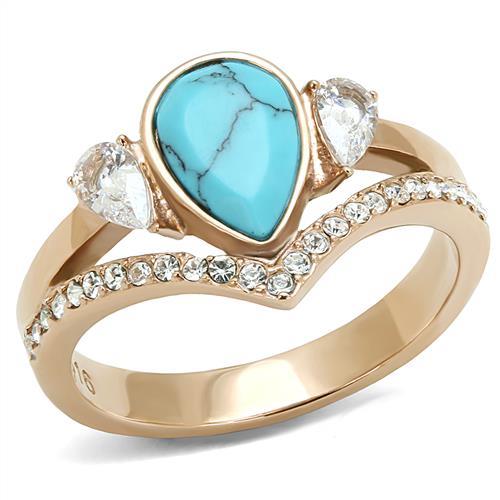 JCE3200 IP Rose Gold(Ion Plating) Stainless Steel Ring with Synthetic Turquoise in Sea Blue