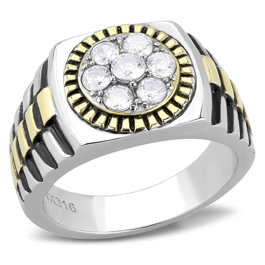JCE3240 Two-Tone IP Gold (Ion Plating) Stainless Steel Ring with AAA Grade CZ  in Clear