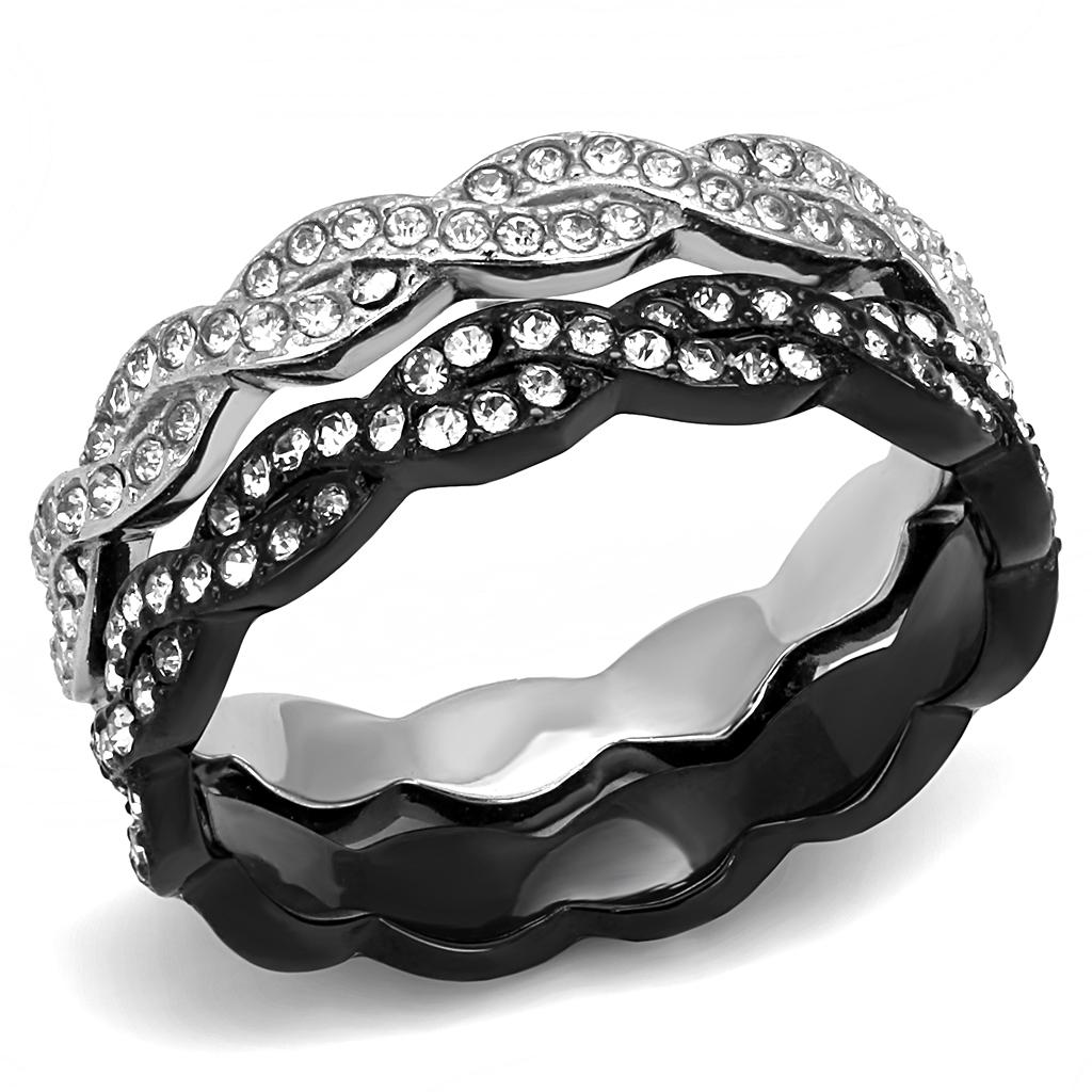JCE3265 Two-Tone IP Black (Ion Plating) Stainless Steel Ring with Top Grade Crystal  in Clear