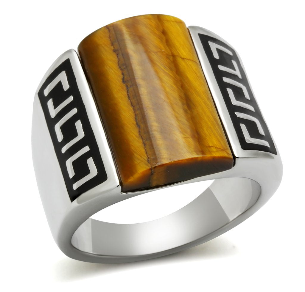 JCE328 High polished (no plating) Stainless Steel Ring with Semi-Precious Tiger Eye in Smoked Quartz