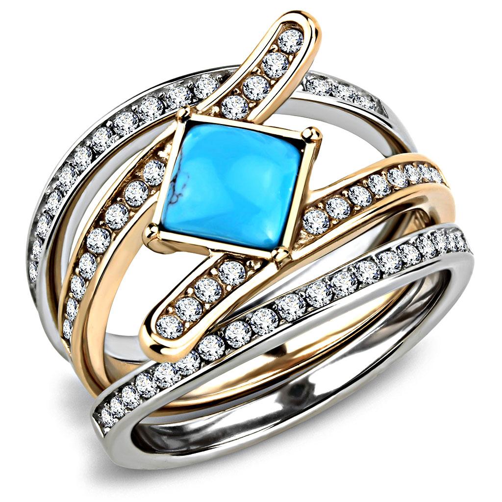 JCE3519 Two-Tone IP Rose Gold Stainless Steel Ring with Synthetic Turquoise in Sea Blue