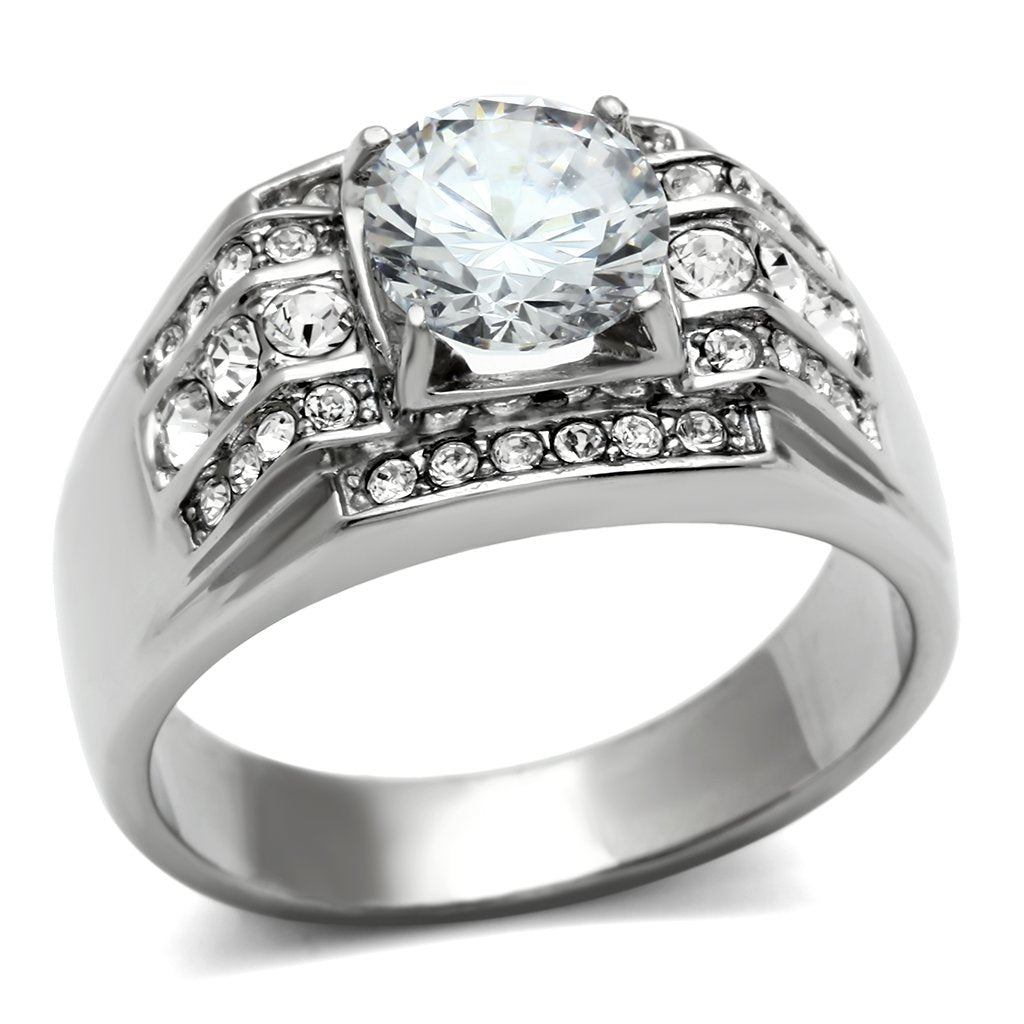 JCE352 High polished (no plating) Stainless Steel Ring with AAA Grade CZ  in Clear