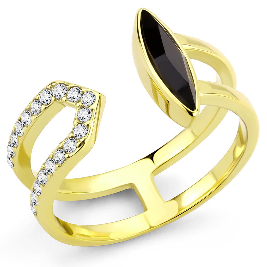JCE3591 IP Gold(Ion Plating) Stainless Steel Ring with Top Grade Crystal  in Jet