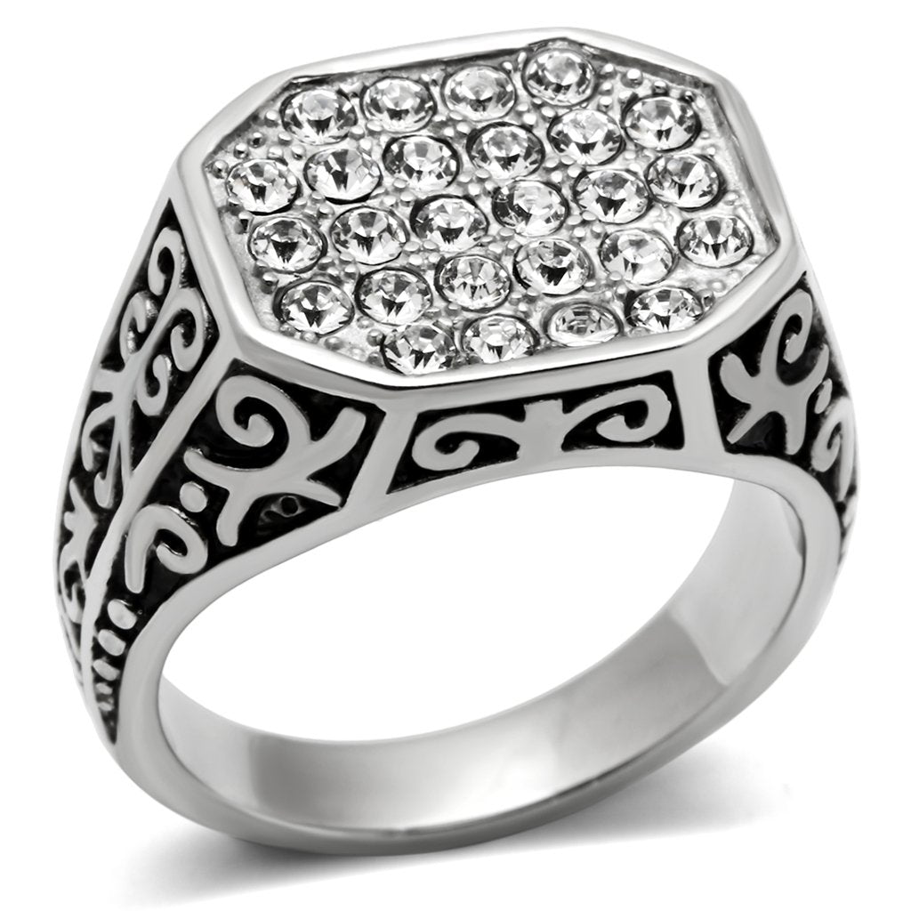 JCE362 High polished (no plating) Stainless Steel Ring with Top Grade Crystal  in Clear