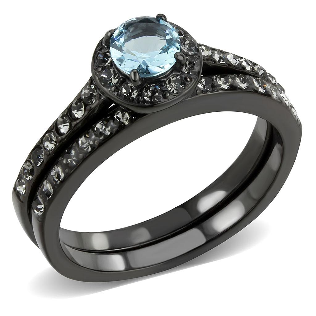 JCE3634 IP Black(Ion Plating) Stainless Steel Ring with Synthetic Synthetic Glass in Sea Blue
