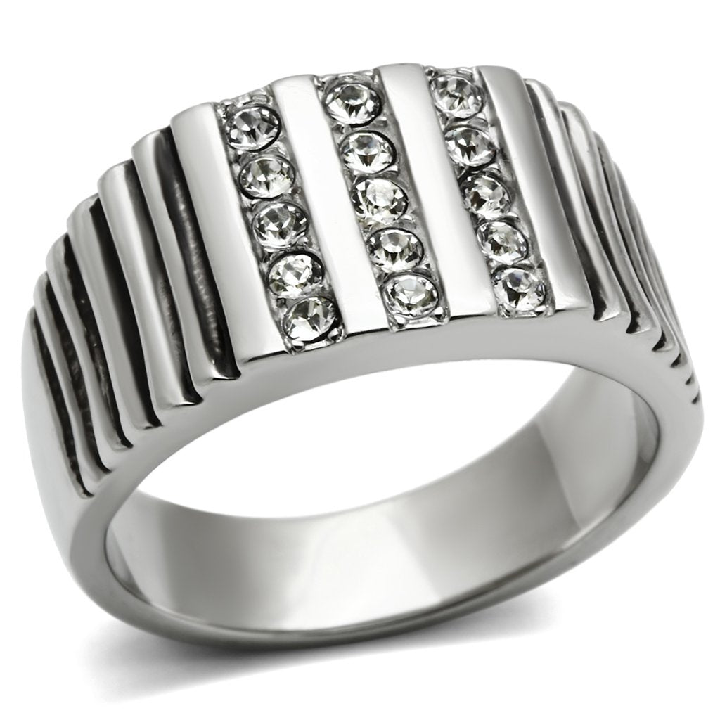JCE364 High polished (no plating) Stainless Steel Ring with Top Grade Crystal  in Clear