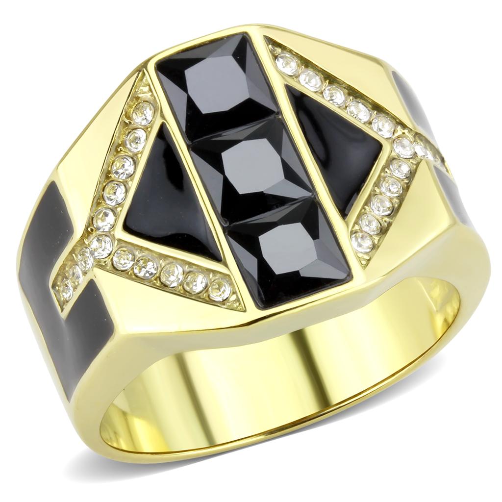 JCE3721 IP Gold(Ion Plating) Stainless Steel Ring with AAA Grade CZ  in Black Diamond