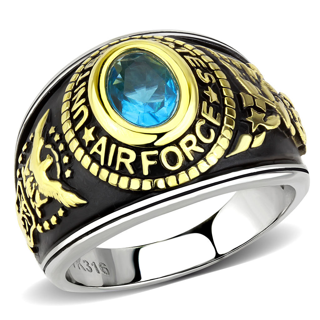 JCE3725 Two-Tone IP Gold (Ion Plating) Stainless Steel Ring with Synthetic Synthetic Glass in Sea Blue