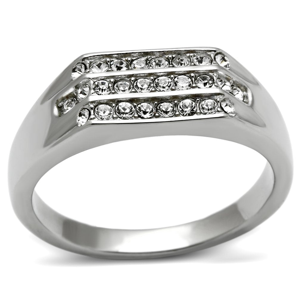 JCE375 High polished (no plating) Stainless Steel Ring with Top Grade Crystal  in Clear