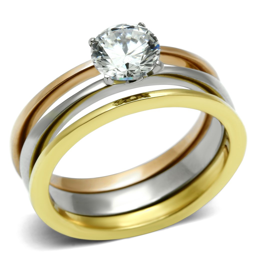 JCE620 Three-Tone IP Stainless Steel Ring with AAA Grade CZ  in Clear