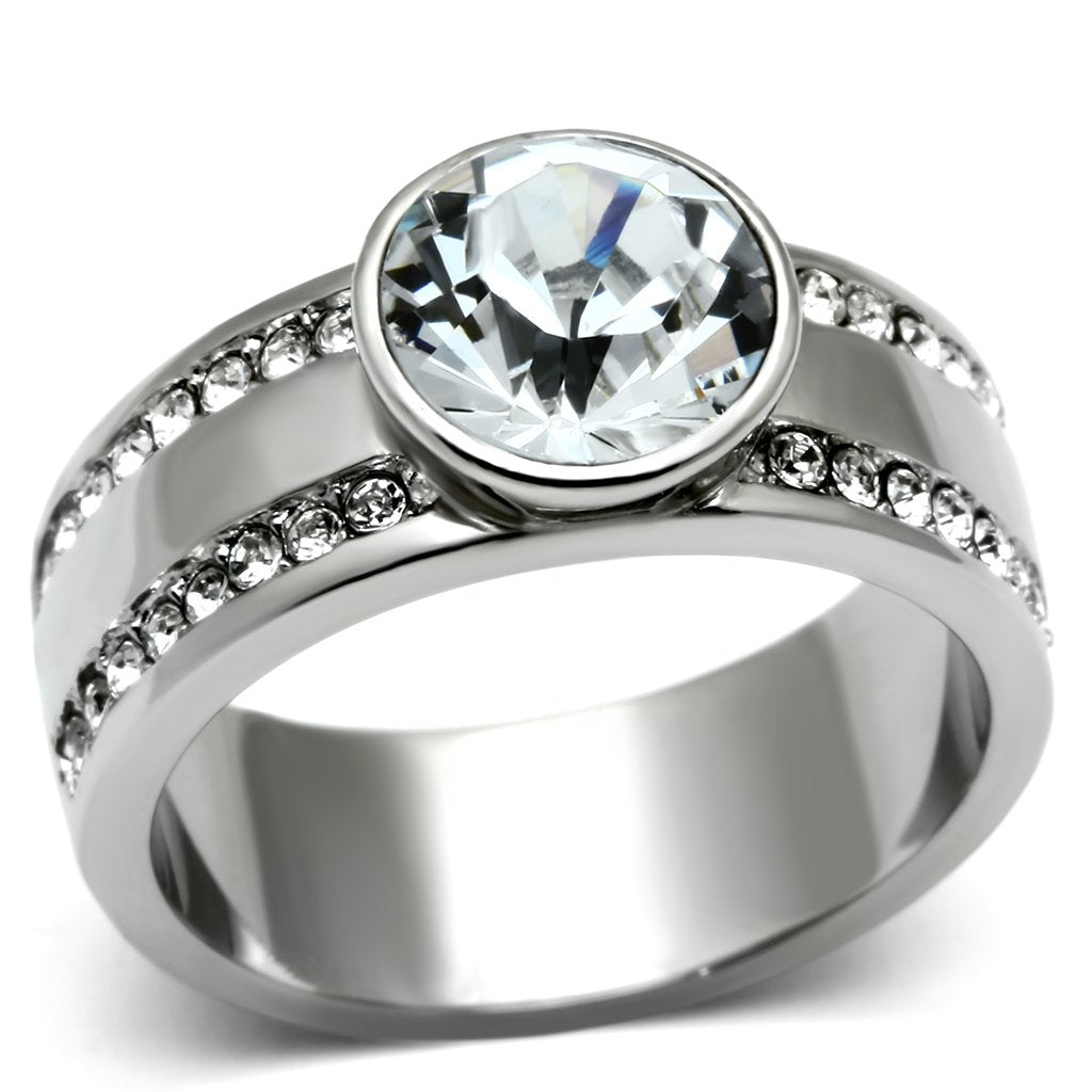 JCE646 High polished (no plating) Stainless Steel Ring with Top Grade Crystal  in Clear