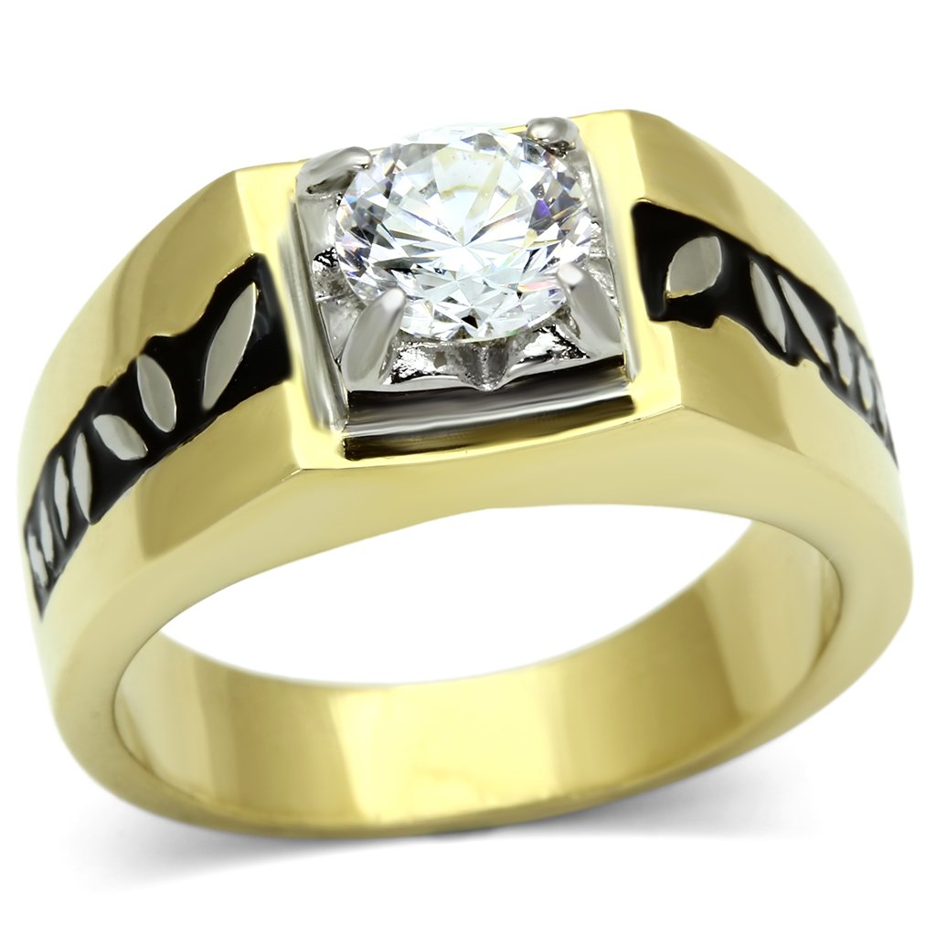 JCE739 Two-Tone IP Gold (Ion Plating) Stainless Steel Ring with AAA Grade CZ  in Clear