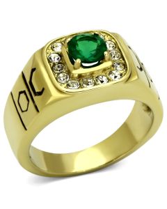 JCE764 IP Gold(Ion Plating) Stainless Steel Ring with Synthetic Synthetic Glass in Emerald
