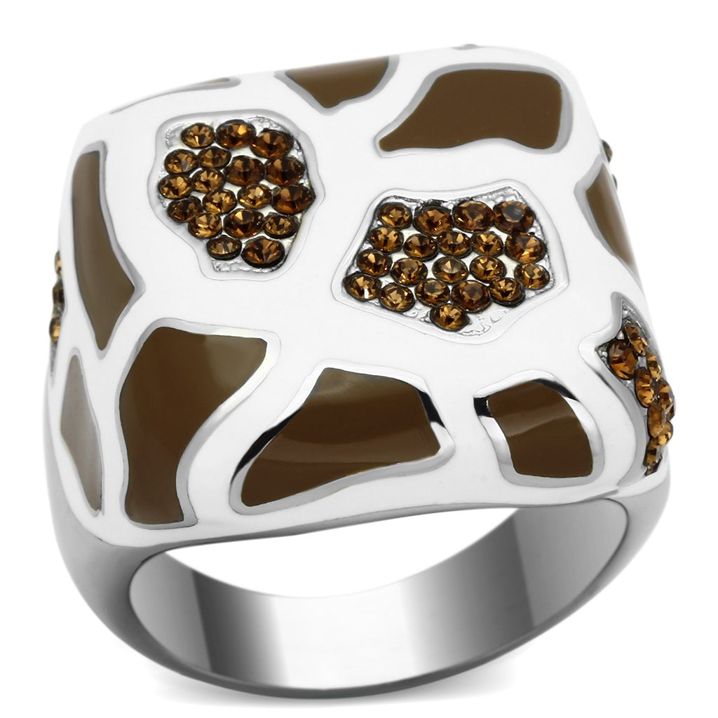 JCE847 High polished (no plating) Stainless Steel Ring with Top Grade Crystal  in Smoked Quartz