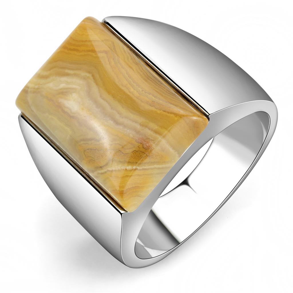 JCE947 High polished (no plating) Stainless Steel Ring with Semi-Precious Agate in Brown