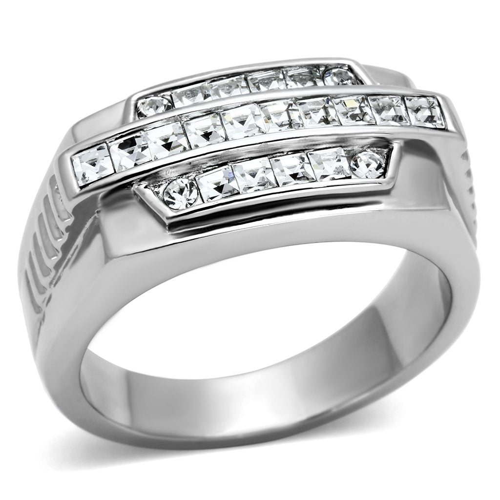 JCE956 High polished (no plating) Stainless Steel Ring with Top Grade Crystal  in Clear