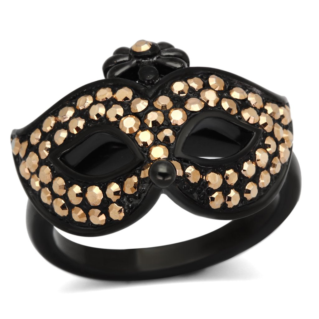 JCE981 IP Black(Ion Plating) Stainless Steel Ring with Top Grade Crystal  in Metallic Light Gold