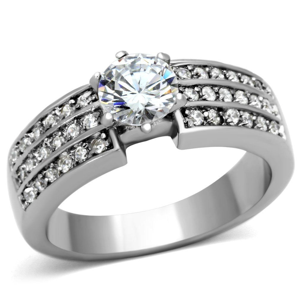 JCE997 High polished (no plating) Stainless Steel Ring with AAA Grade CZ  in Clear