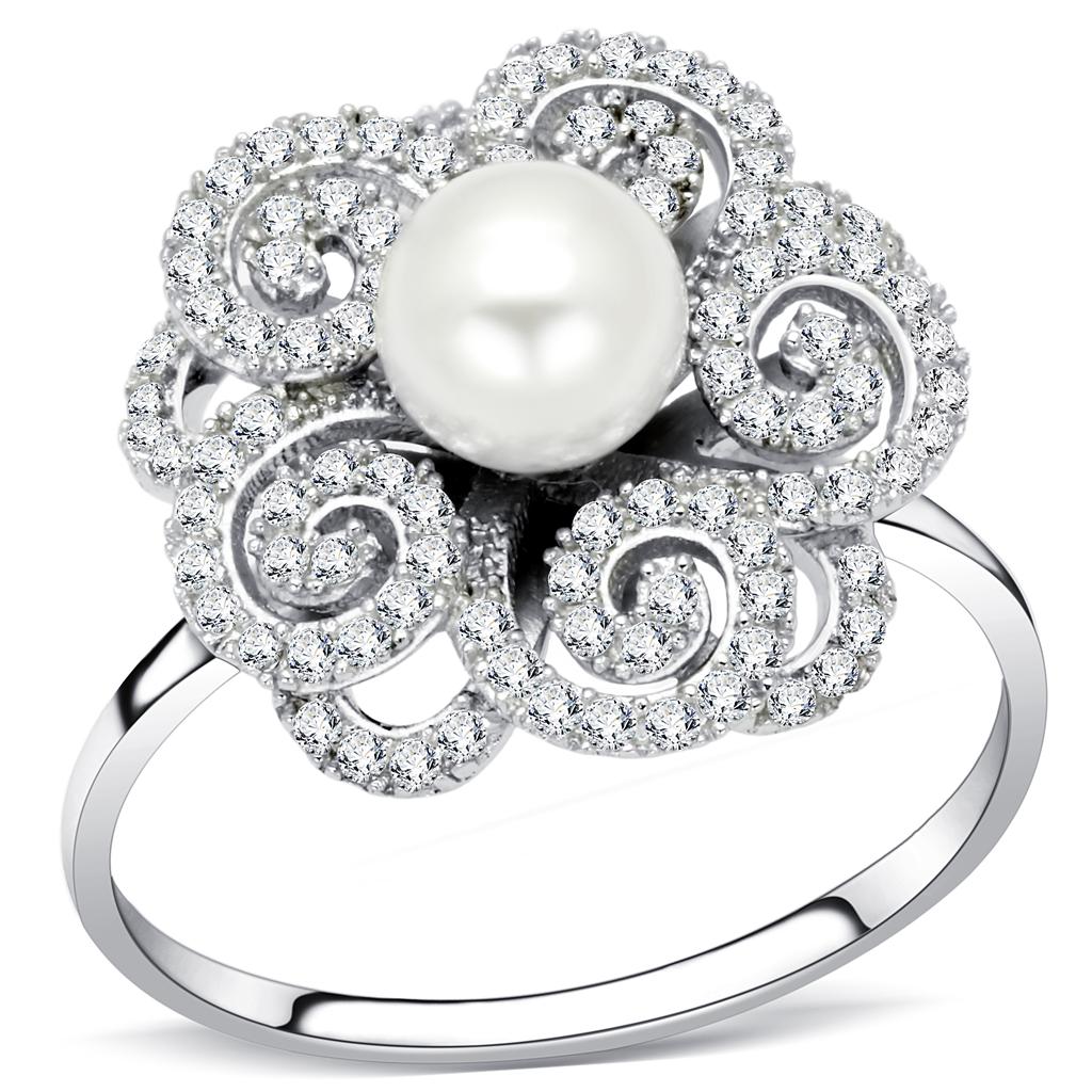 JCE070 Rhodium 925 Sterling Silver Ring with Synthetic Pearl in White