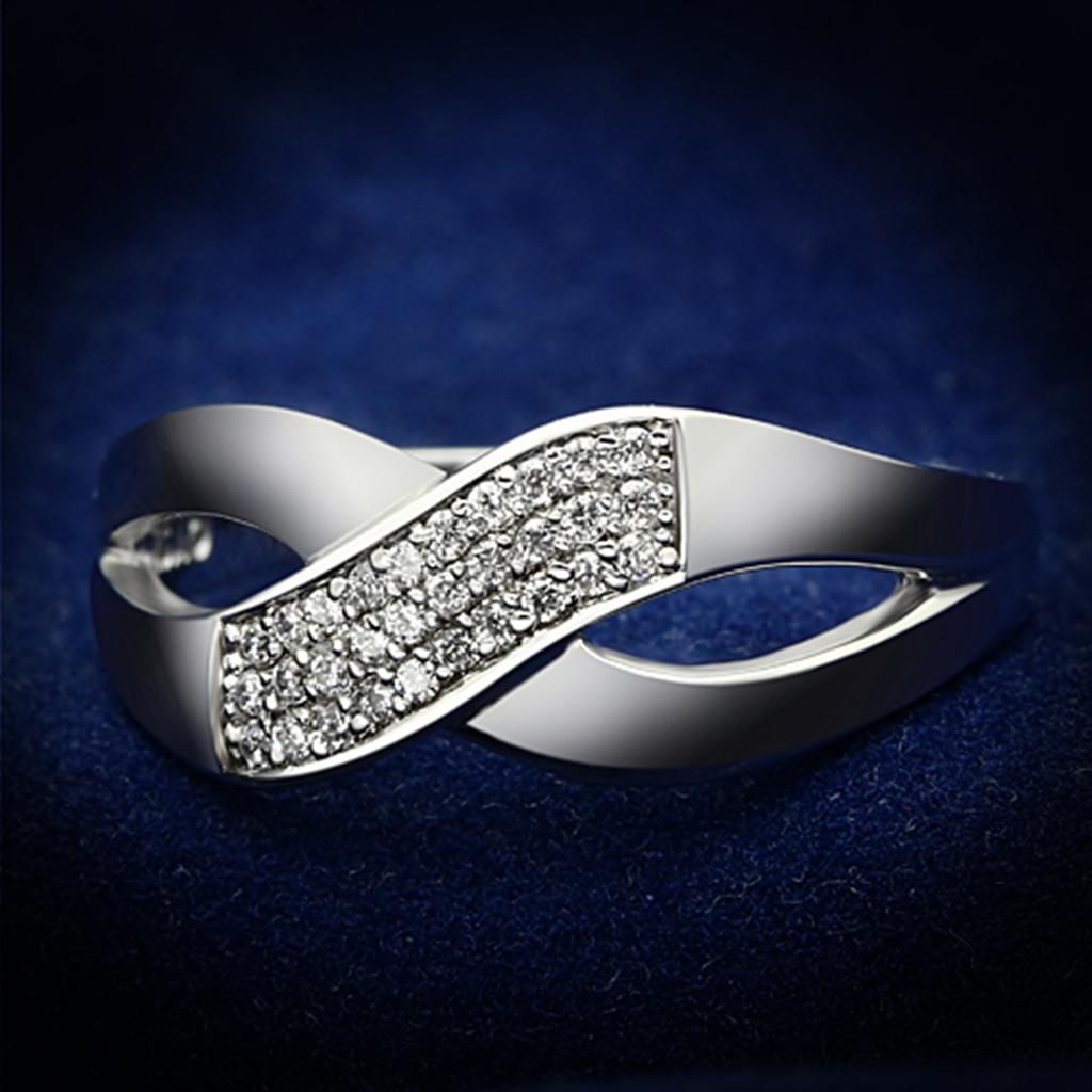 JCE090 Rhodium 925 Sterling Silver Ring with AAA Grade CZ  in Clear