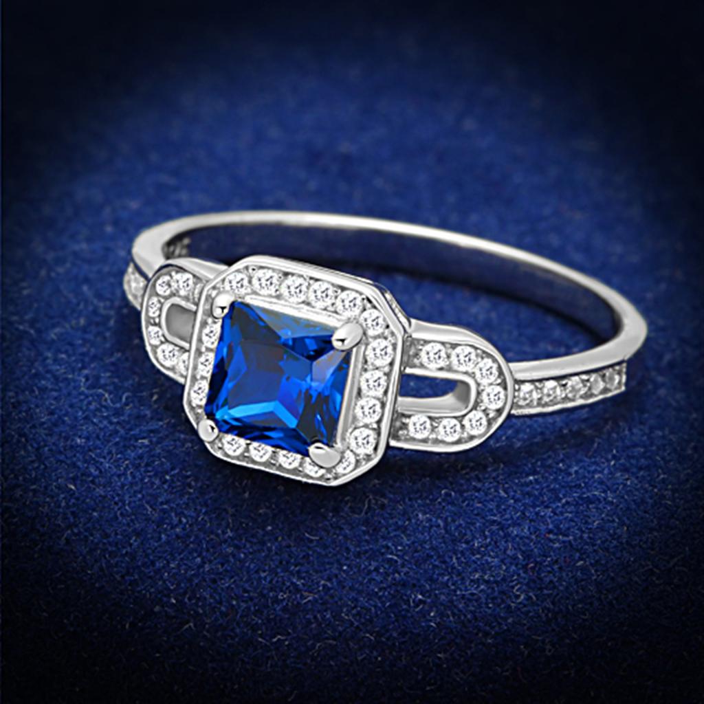 JCE138 Rhodium 925 Sterling Silver Ring with Synthetic Spinel in London Blue