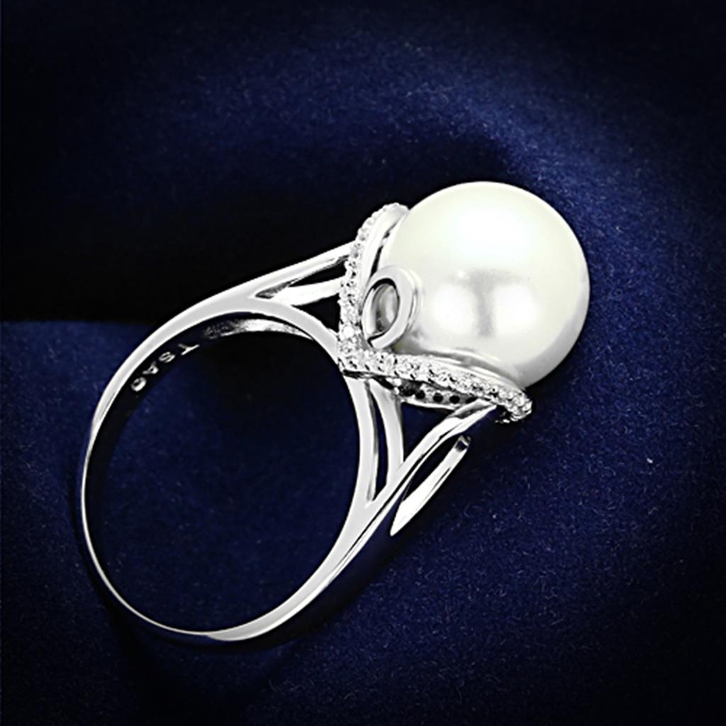 JCE154 Rhodium 925 Sterling Silver Ring with Synthetic Pearl in White