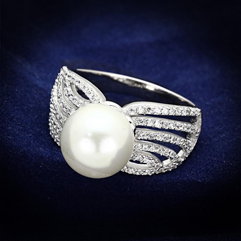 JCE169 Rhodium 925 Sterling Silver Ring with Synthetic Pearl in White